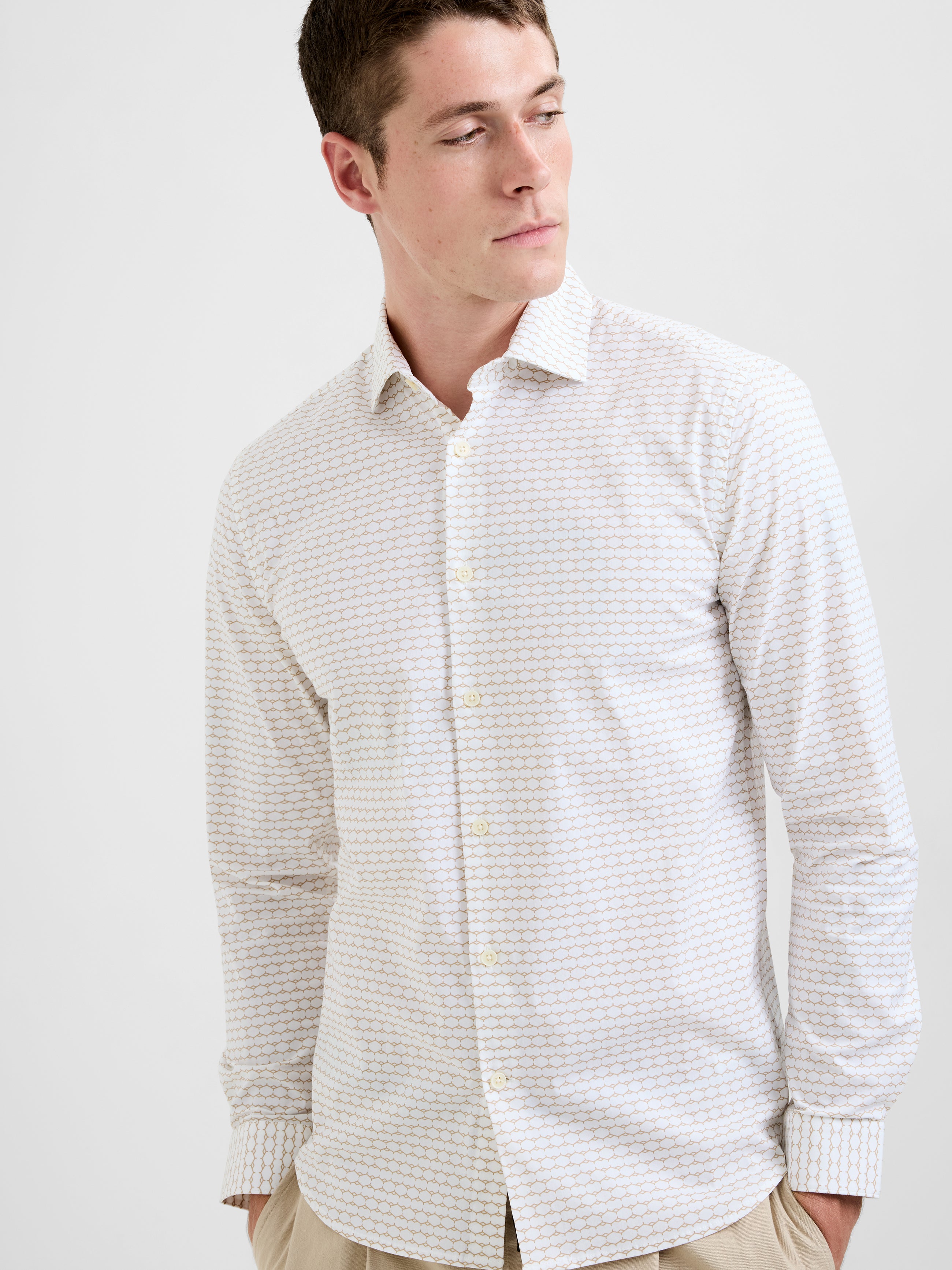 Long Sleeve Slim Fit Geo Beehive Print Shirt