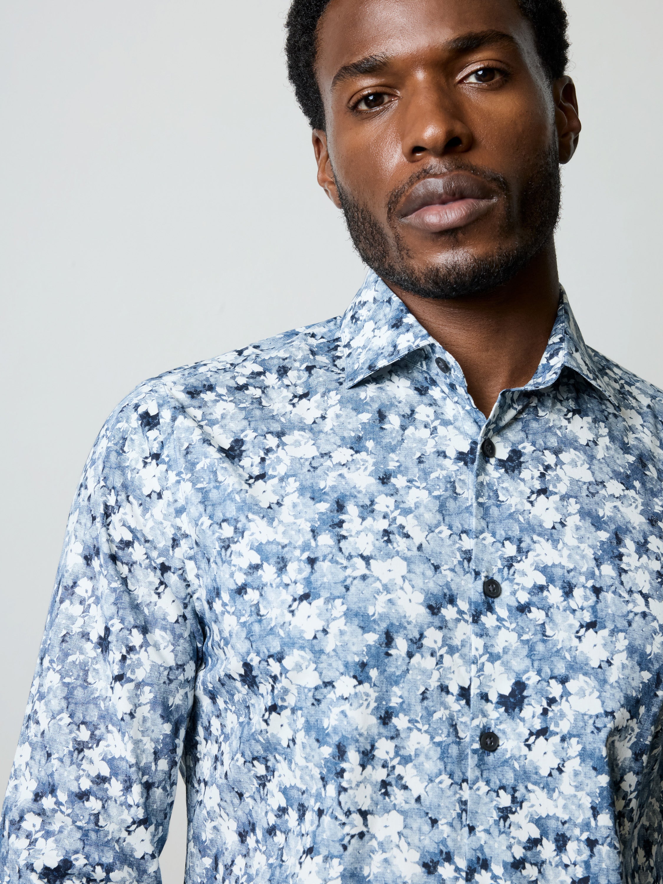 Long Sleeve Slim Fit Faded Flower Print Shirt