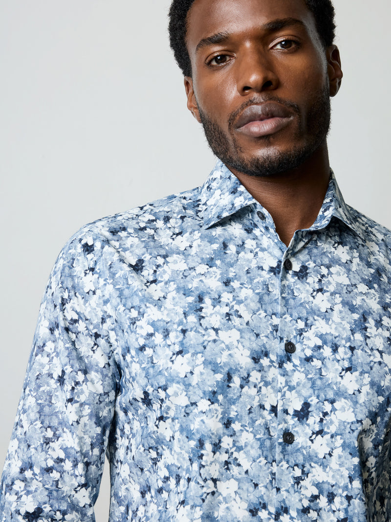 Long Sleeve Slim Fit Faded Flower Print Shirt