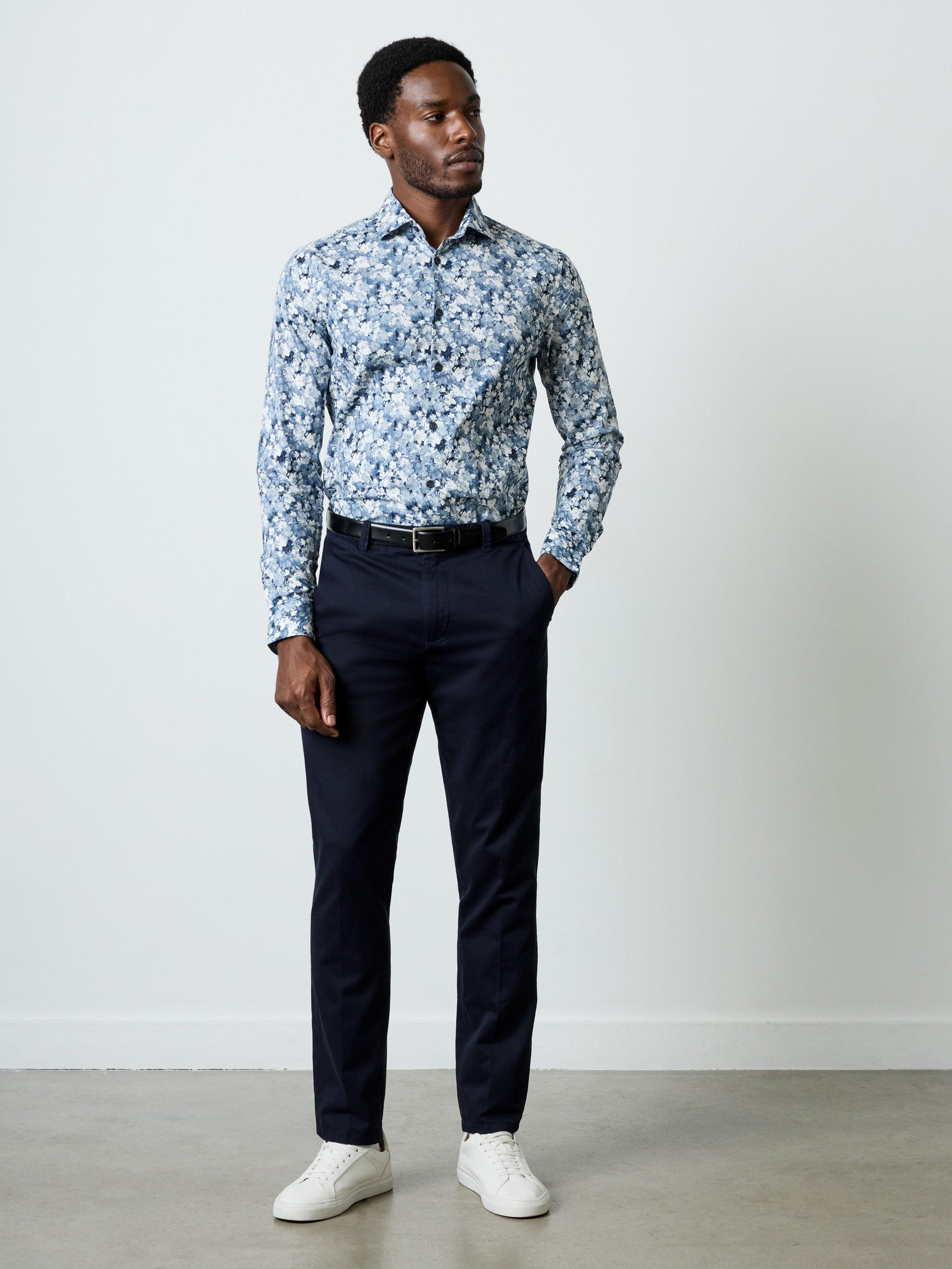 Long Sleeve Slim Fit Faded Flower Print Shirt