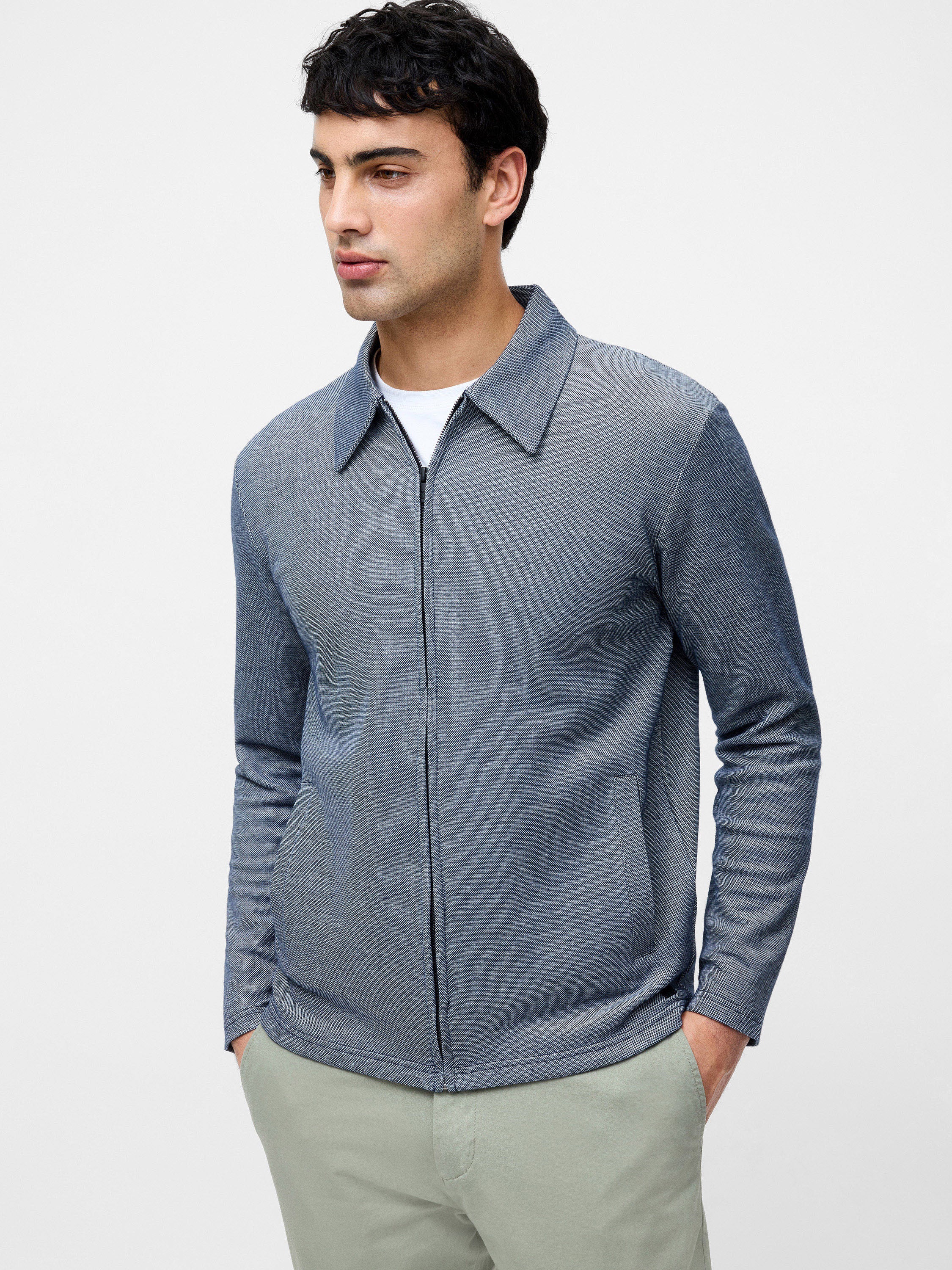Long Sleeve Double Face Pique Zip Through Shirt