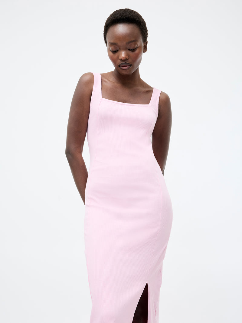 Square Neck Ribbed Bodycon Midi Dress