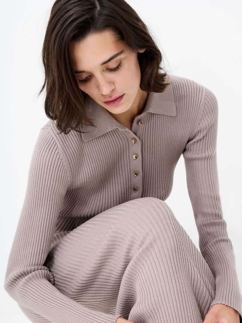 Mari Knit Long Sleeve Collared Midi Dress