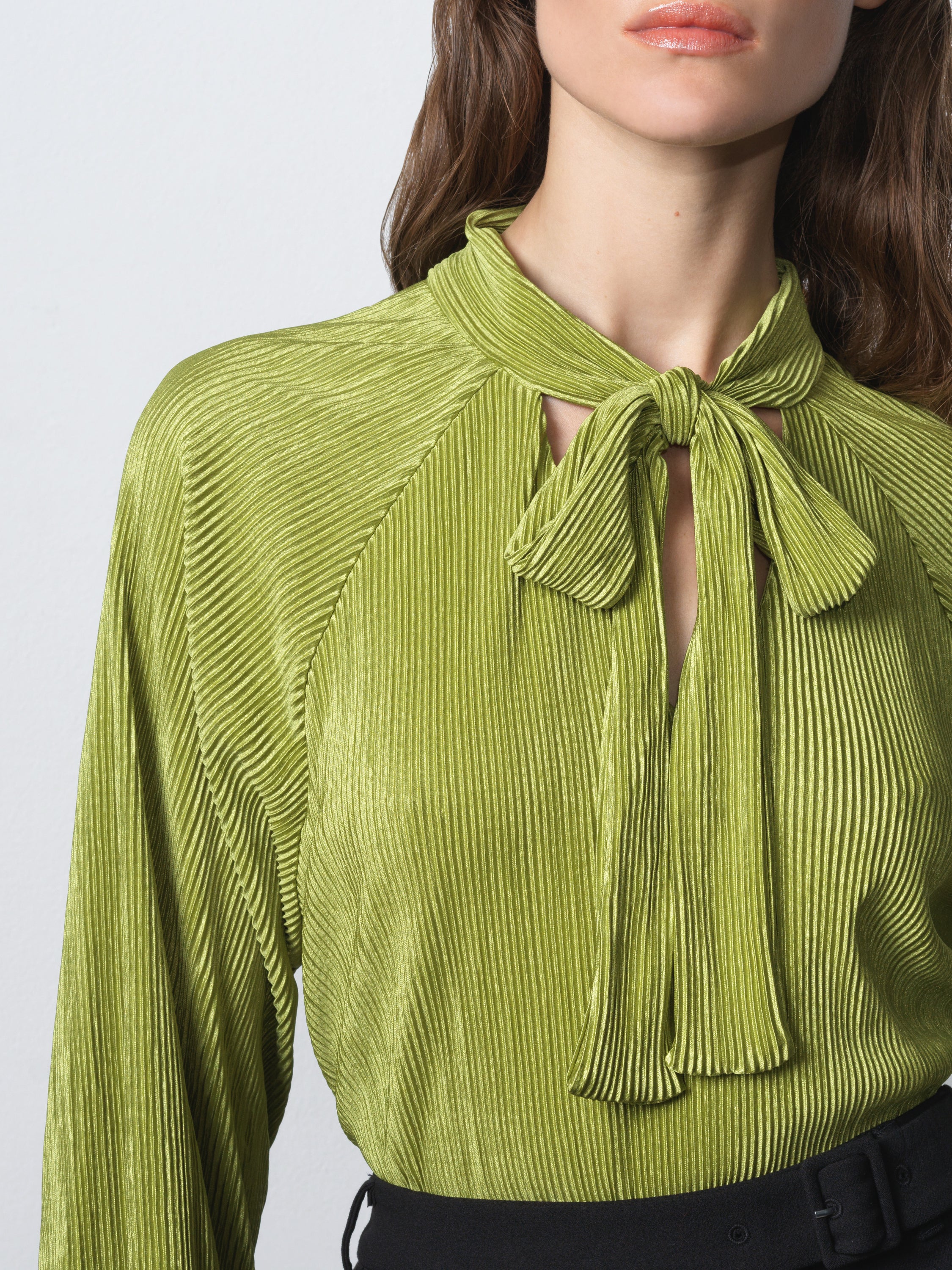 Rylah Plisse Long Sleeve Tie Neck Shirt