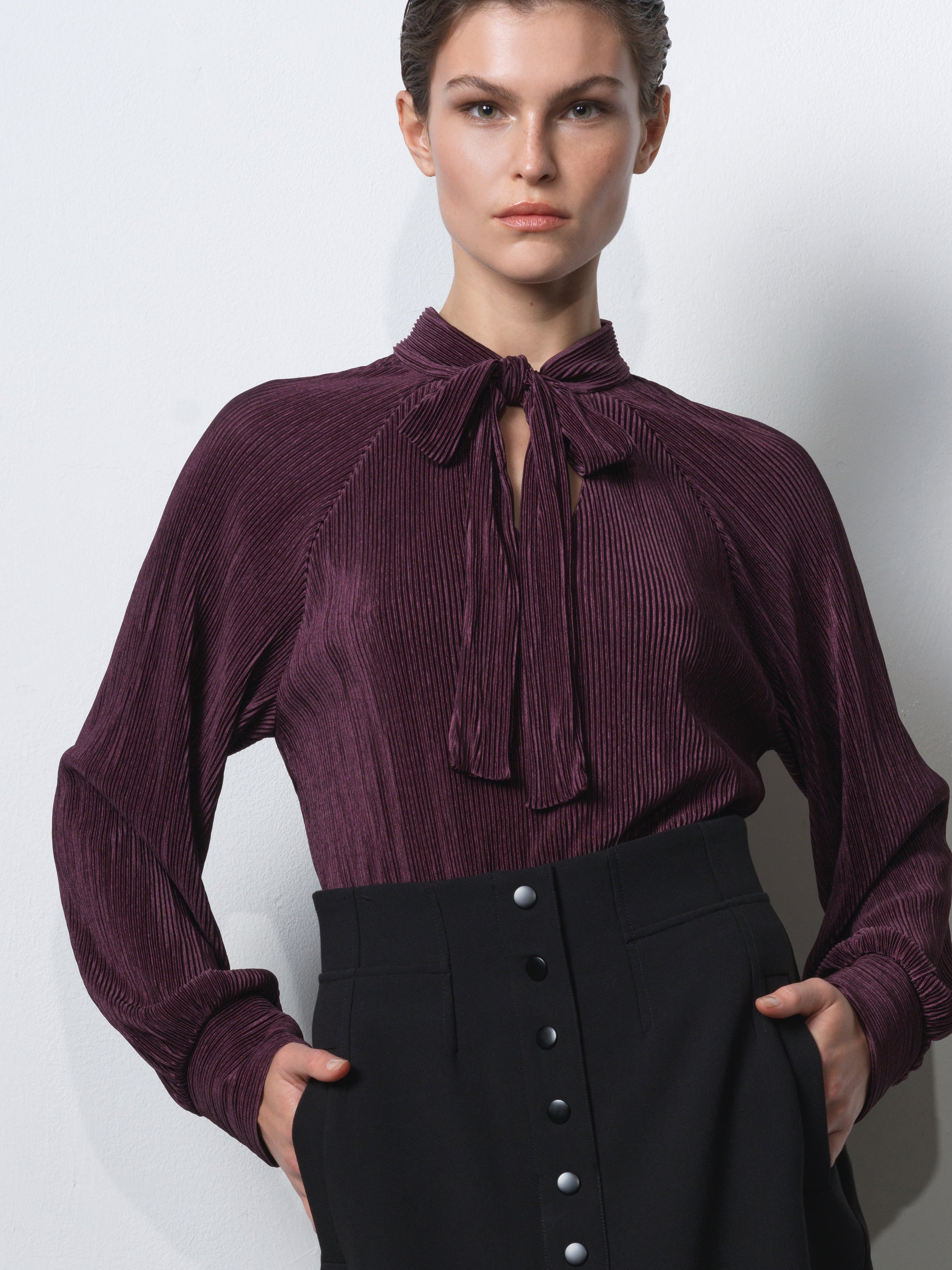 Rylah Plisse Long Sleeve Tie Neck Shirt