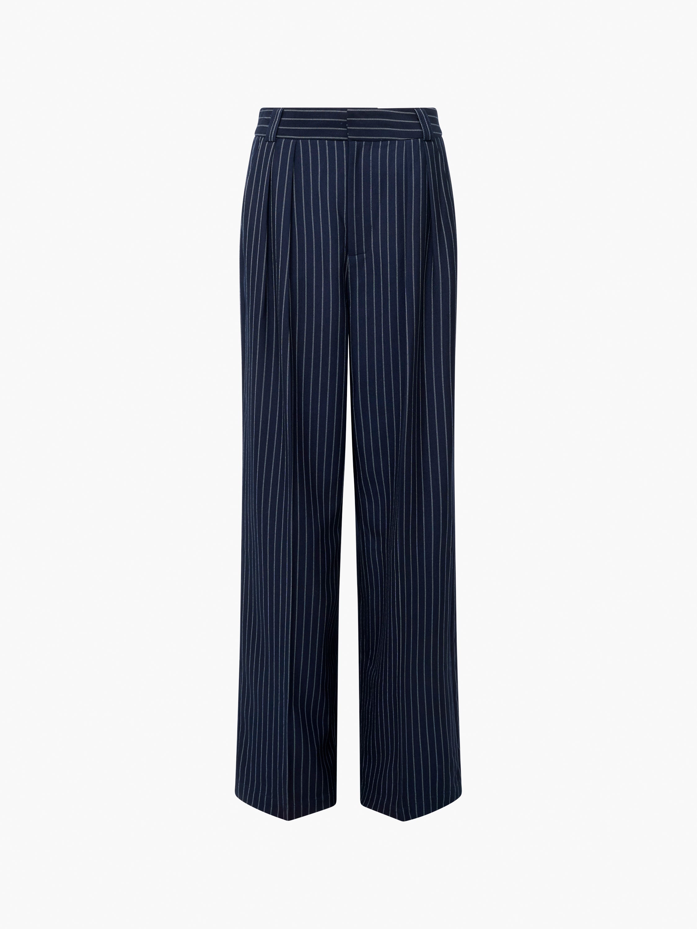 The Pinstripe Tailored Wide Leg Trousers feature a navy blue high-waist design with white vertical stripes, pleated front, wide-leg silhouette, and belt loops at the waistband, shown against a plain white background.