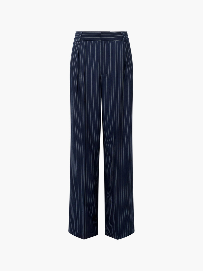 The Pinstripe Tailored Wide Leg Trousers feature a navy blue high-waist design with white vertical stripes, pleated front, wide-leg silhouette, and belt loops at the waistband, shown against a plain white background.