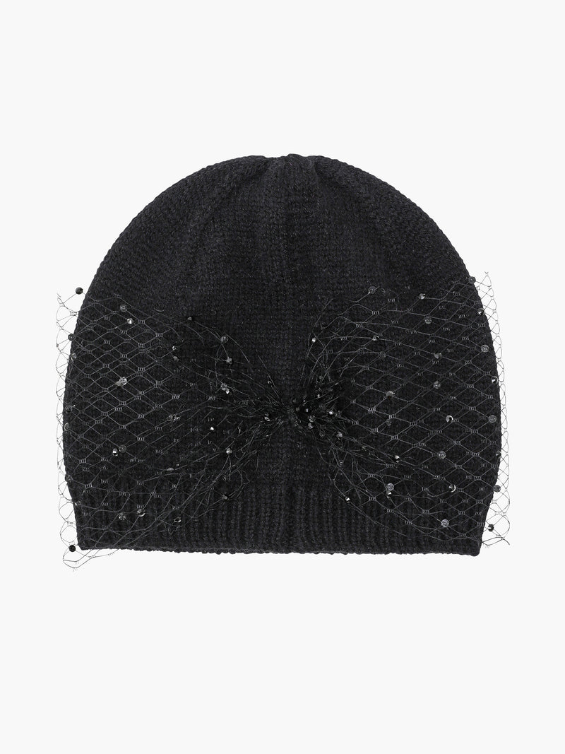 Sparkly Mesh Diamante Bow Beanie Hat