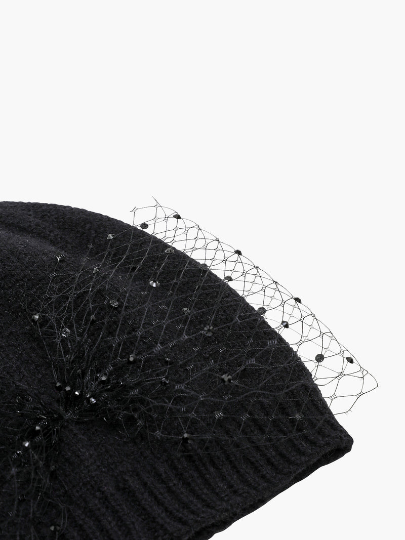 Sparkly Mesh Diamante Bow Beanie Hat