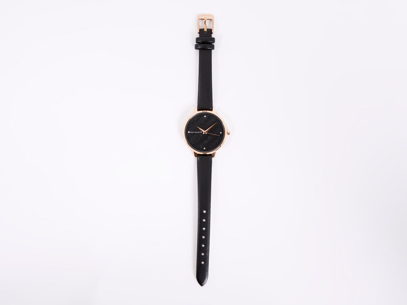 Black Leather Strap Watch with Black Glitter Dial