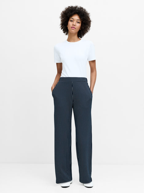 Wren Pinstripe Pull-On Navy Blue Wide Leg Trousers