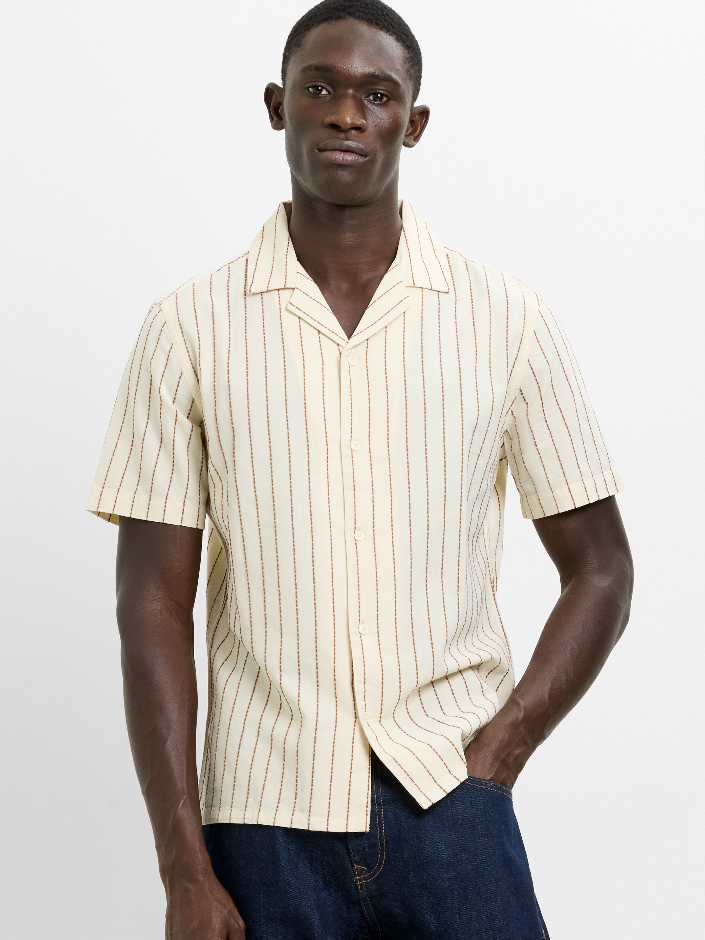 Short Sleeve Contrast Stitch Striped Cream Shirt