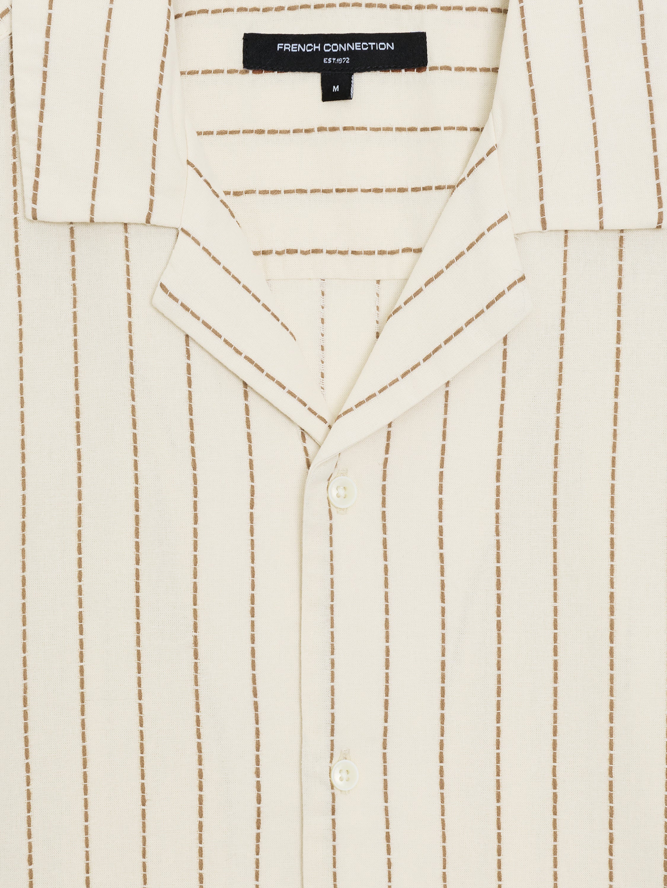 Short Sleeve Contrast Stitch Striped Cream Shirt