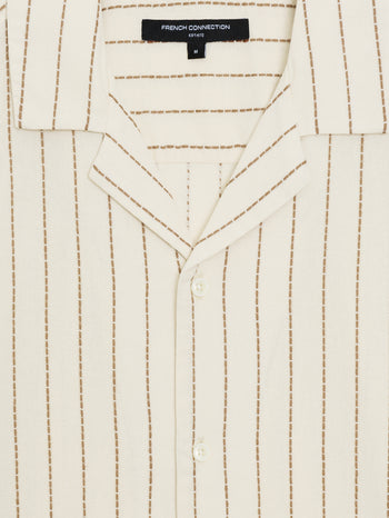Short Sleeve Contrast Stitch Striped Cream Shirt