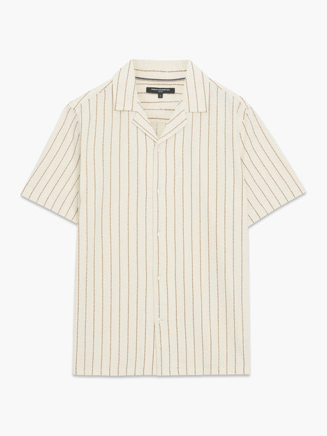 Short Sleeve Contrast Stitch Striped Cream Shirt