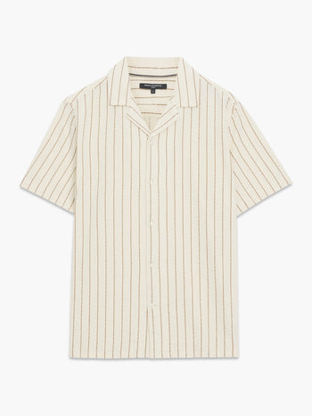 Short Sleeve Contrast Stitch Striped Cream Shirt