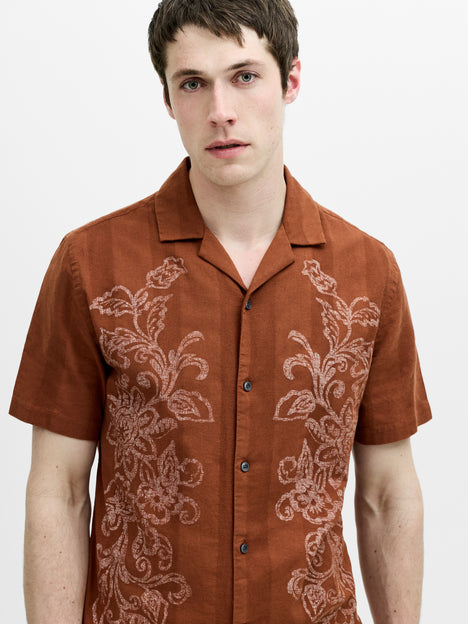 Short Sleeve Dobby Brown Floral Print Holiday Shirt