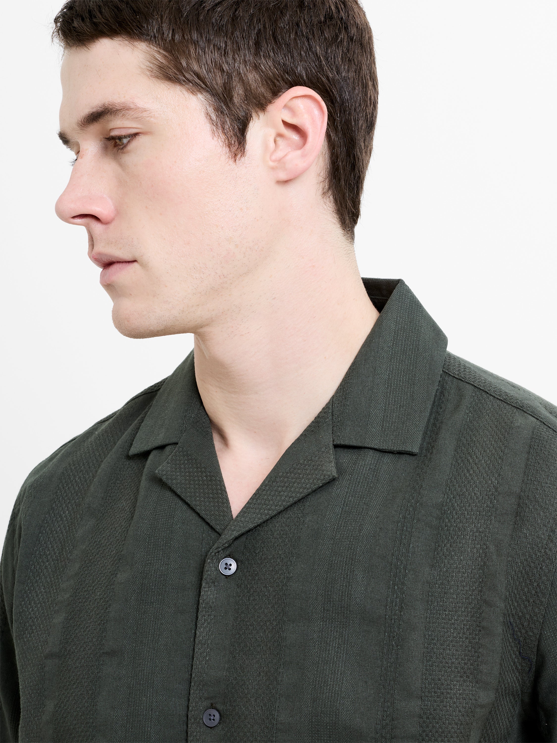 Short Sleeve Textured Stripe Khaki Green Holiday Shirt