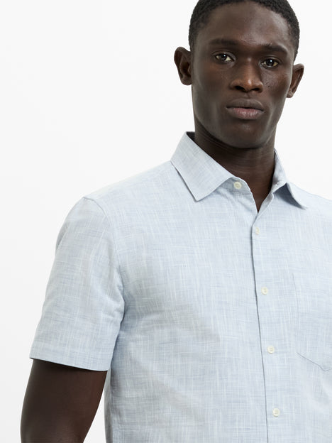 Short Sleeve Chest Pocket Blue Slub Textured Shirt