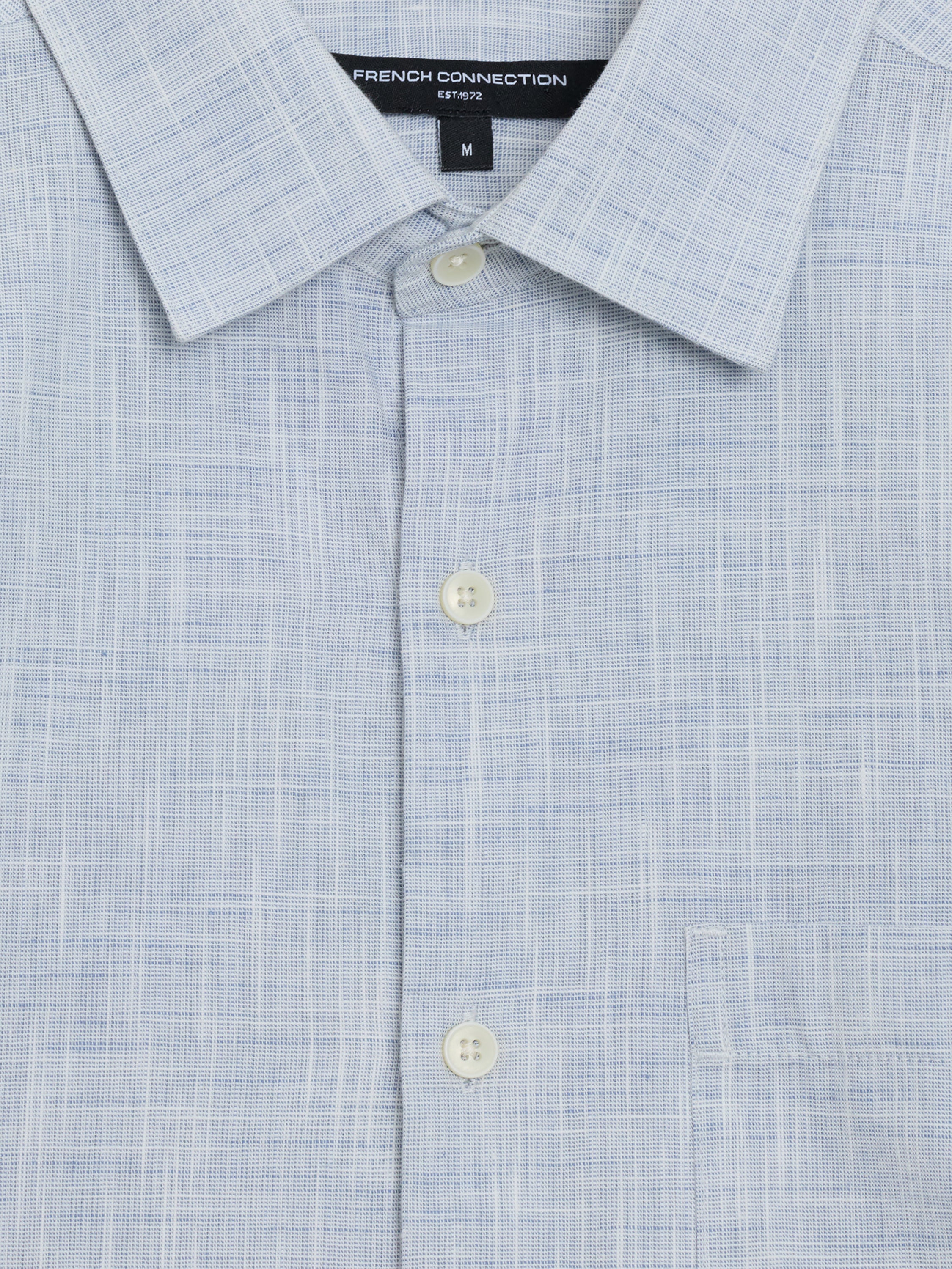 Short Sleeve Chest Pocket Blue Slub Textured Shirt