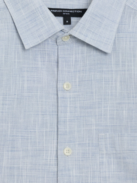 Short Sleeve Chest Pocket Blue Slub Textured Shirt