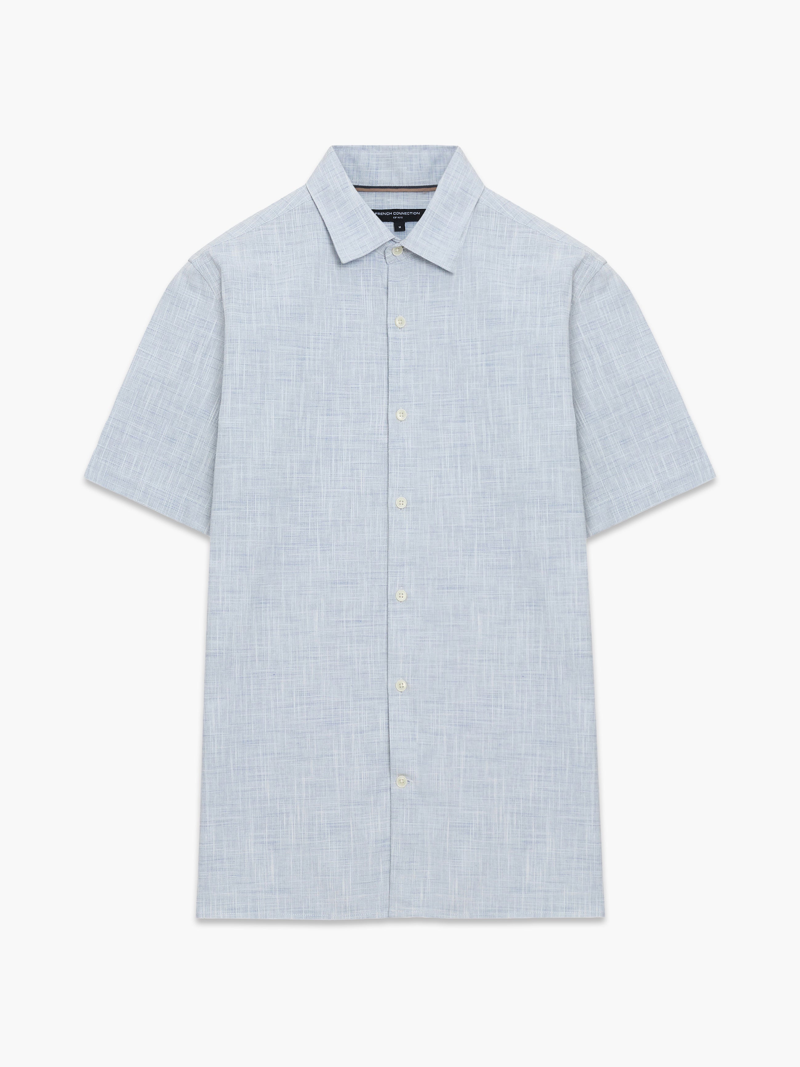 Short Sleeve Chest Pocket Blue Slub Textured Shirt