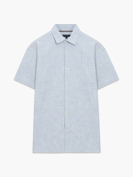 Short Sleeve Chest Pocket Blue Slub Textured Shirt