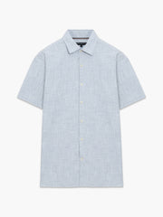 Short Sleeve Chest Pocket Blue Slub Textured Shirt
