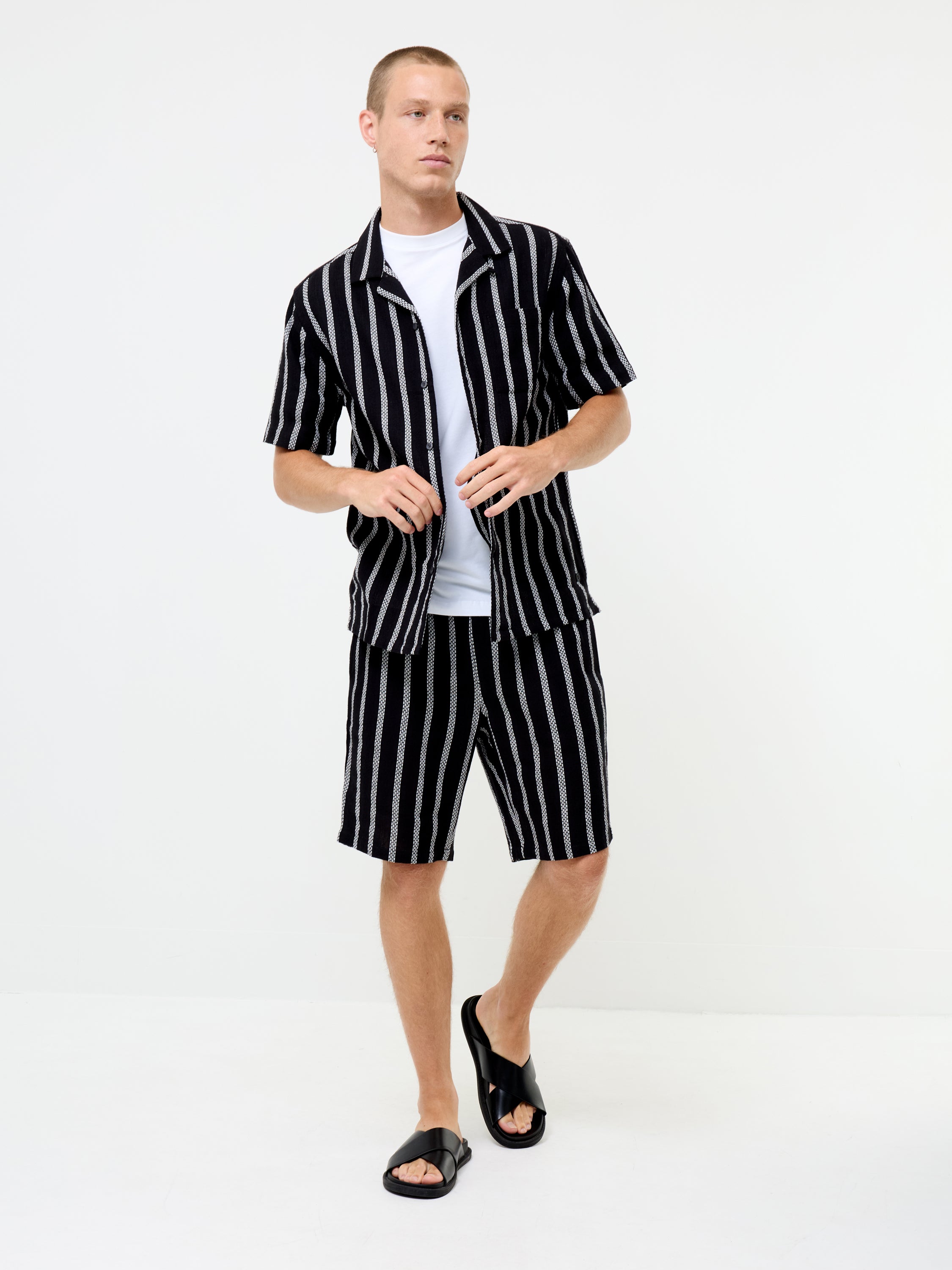 Short Sleeve Black and White Striped Holiday Shirt