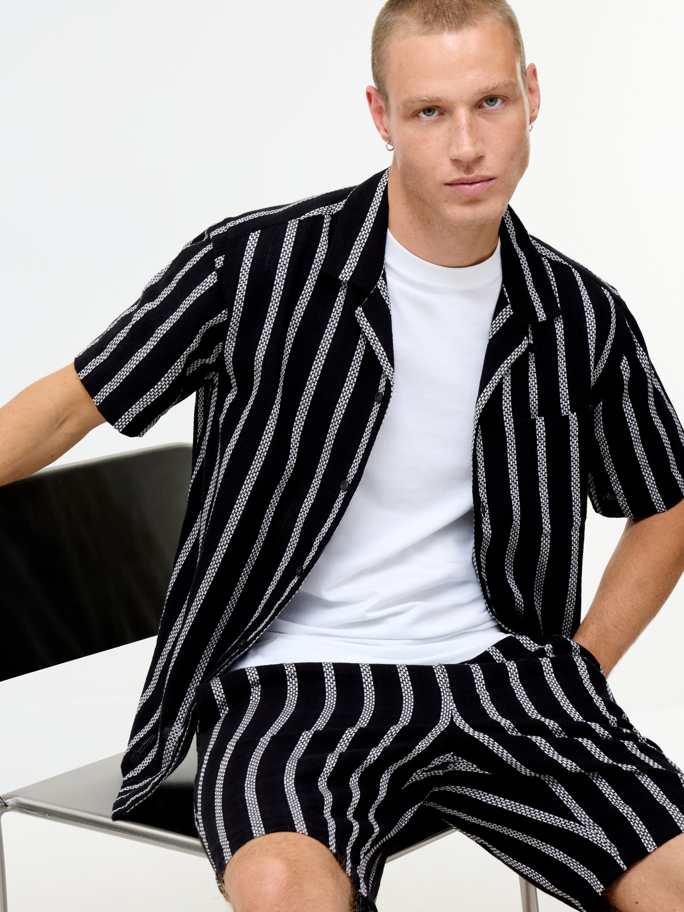 Short Sleeve Black and White Striped Holiday Shirt