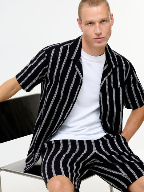 Short Sleeve Black and White Striped Holiday Shirt