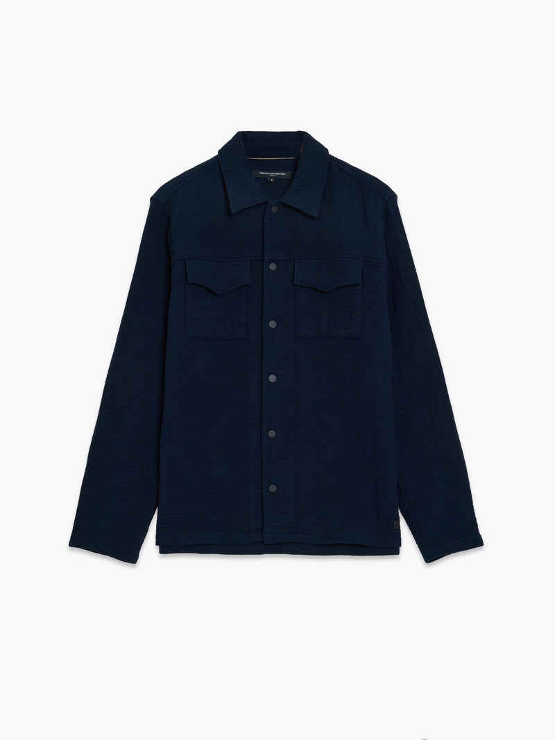 A navy blue long sleeve shirt with 2 front pockets