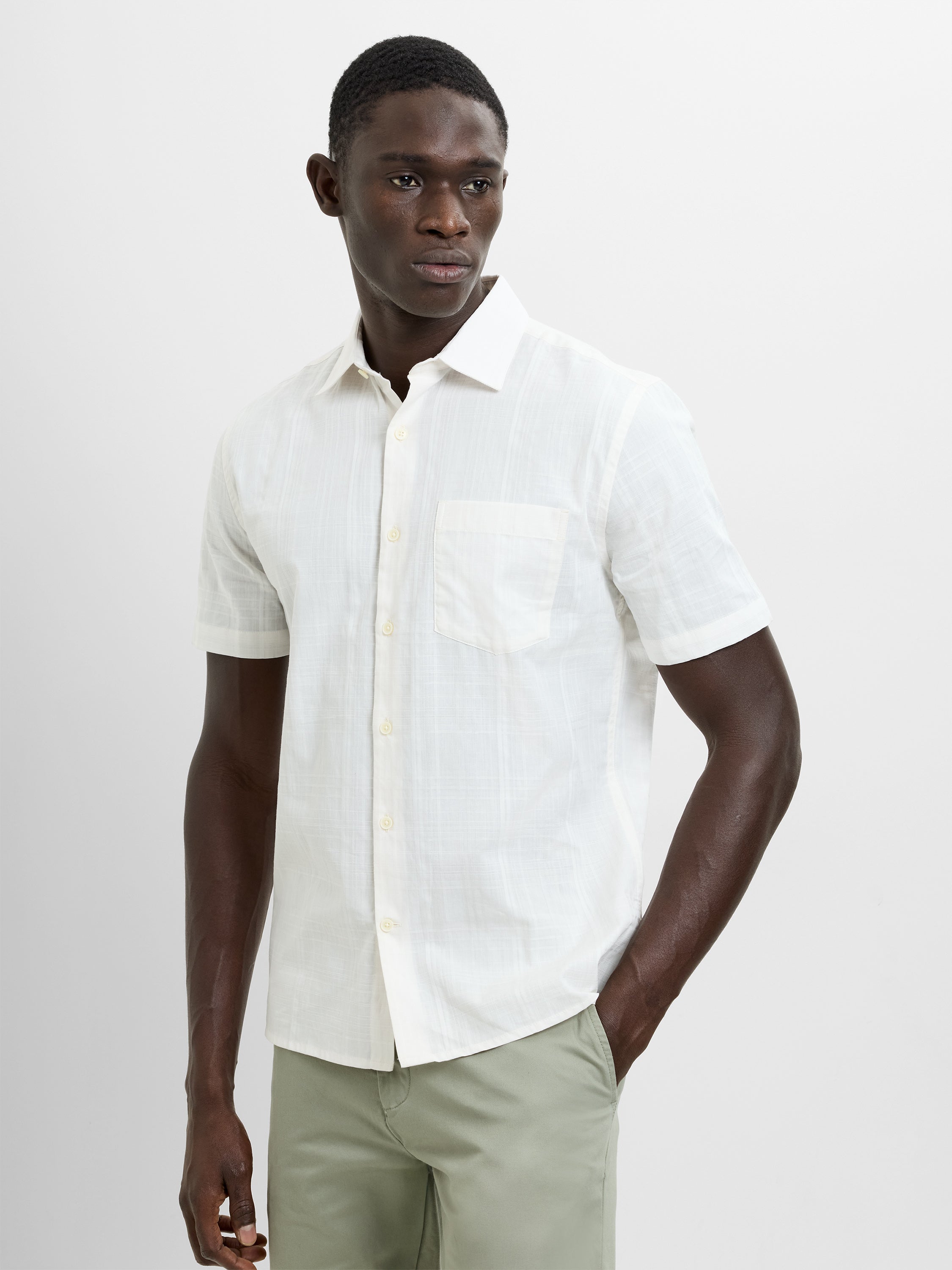 Short Sleeve Dobby Woven Check Cream Shirt