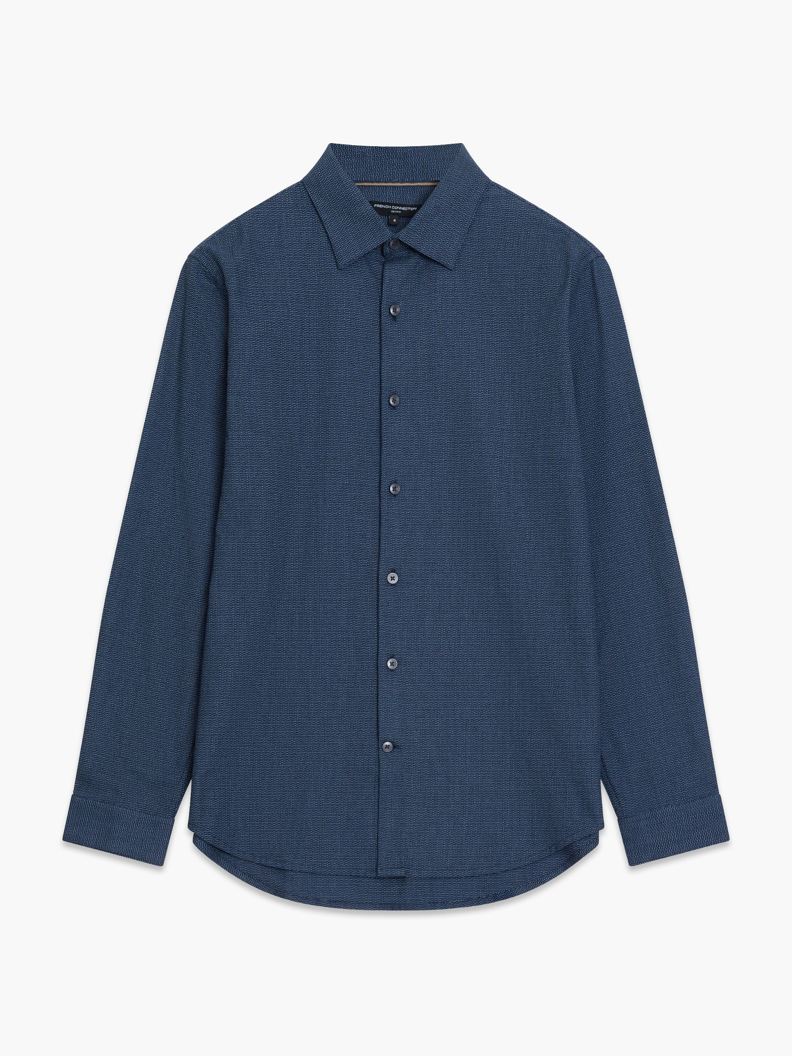 Long Sleeve Basket Weave Two Tone Blue Tweed Shirt