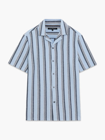 Short Sleeve Blue Striped Revere Collar Shirt