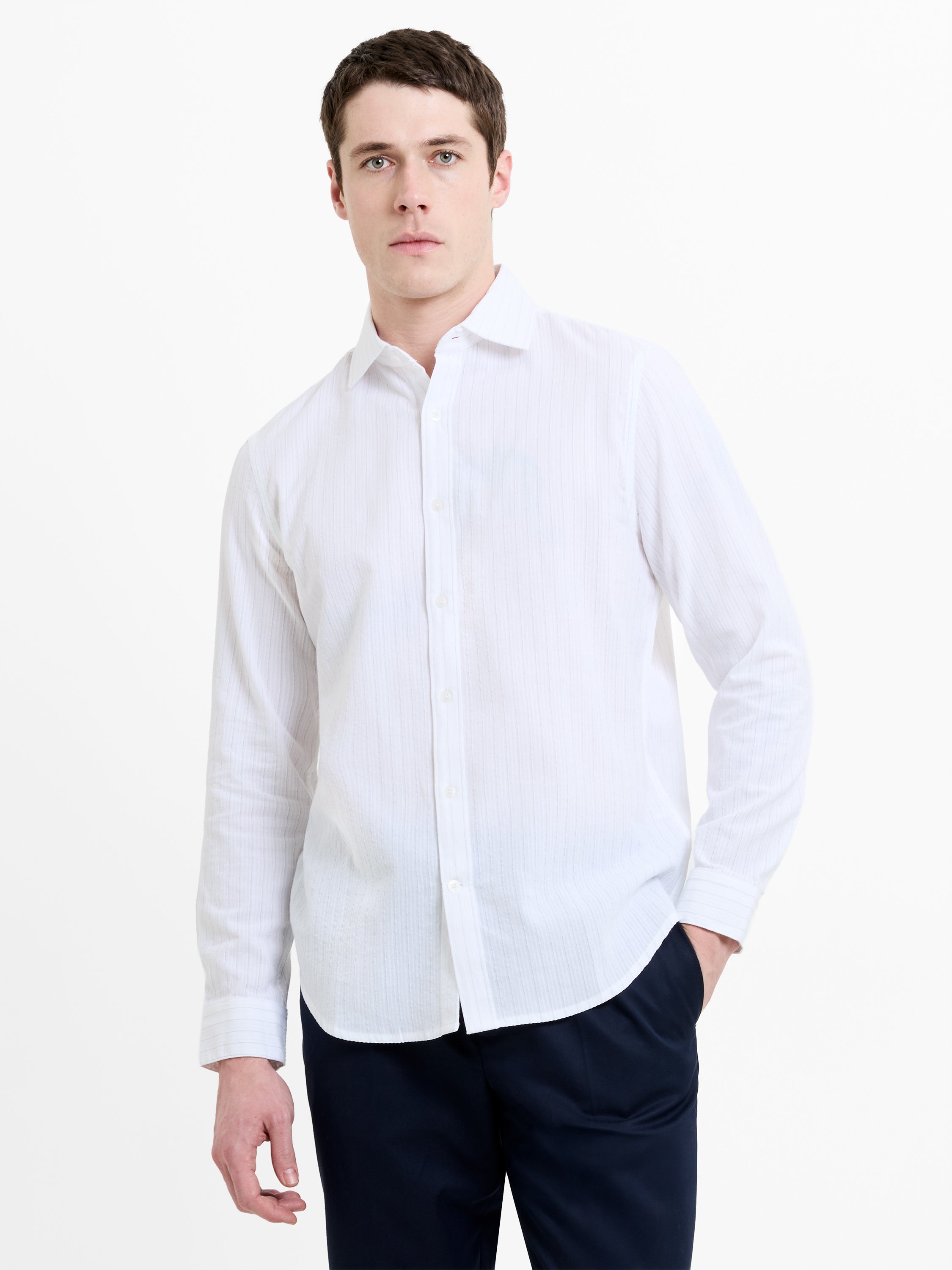 Long Sleeve Seersucker Pinstripe White Shirt