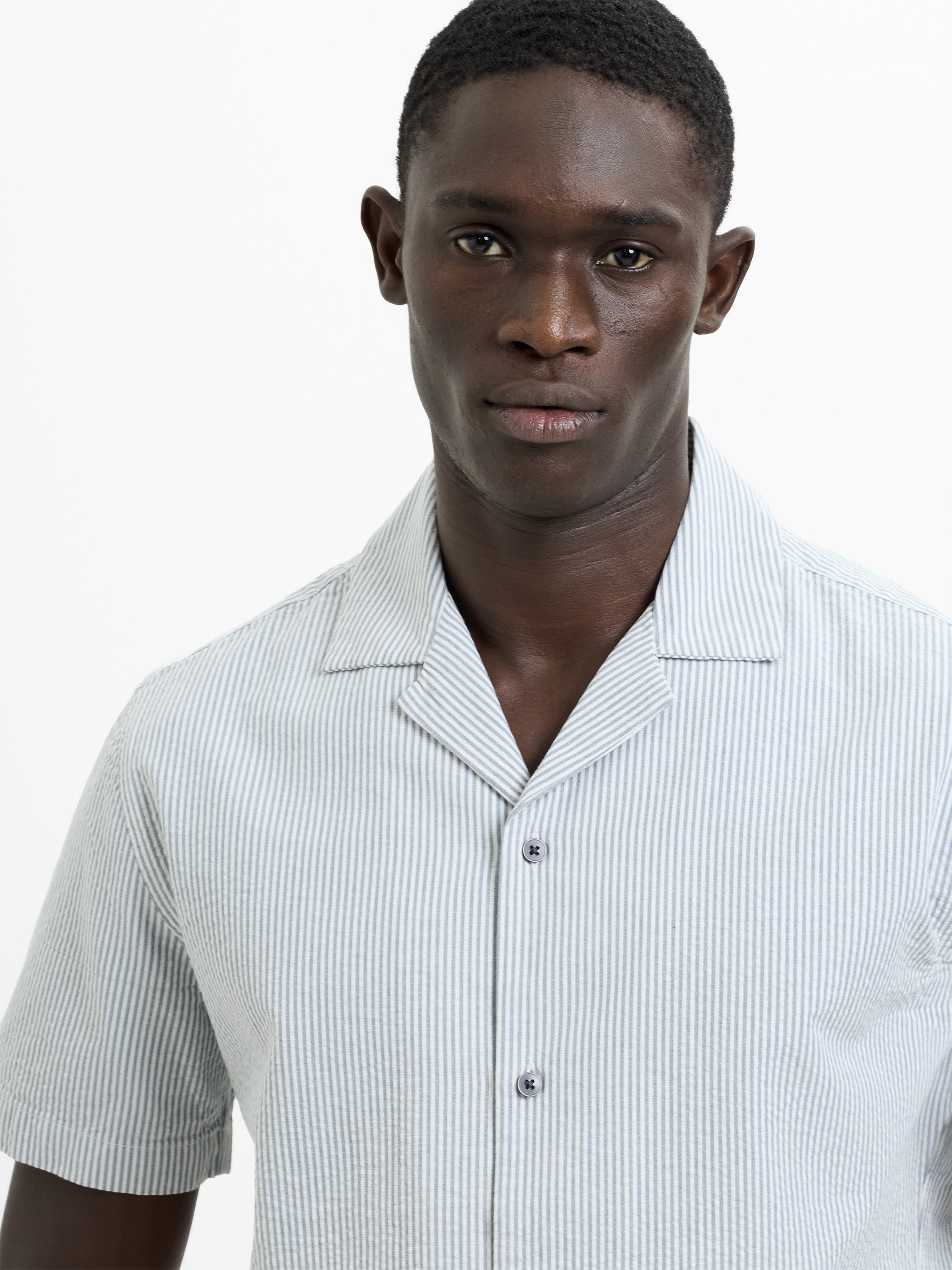 Short Sleeve Seersucker Blue Striped Holiday Shirt