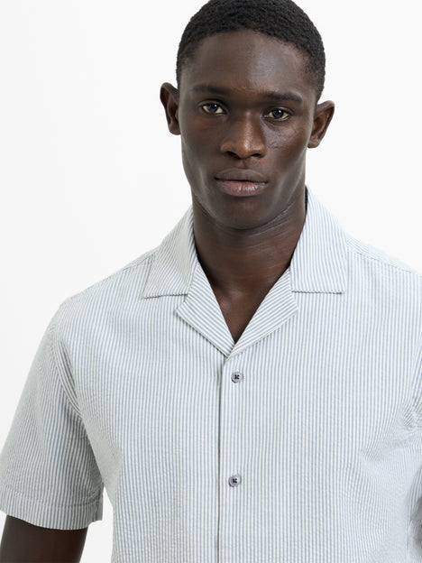 Short Sleeve Seersucker Blue Striped Holiday Shirt