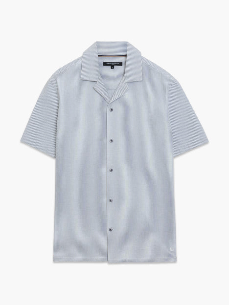 Short Sleeve Seersucker Blue Striped Holiday Shirt