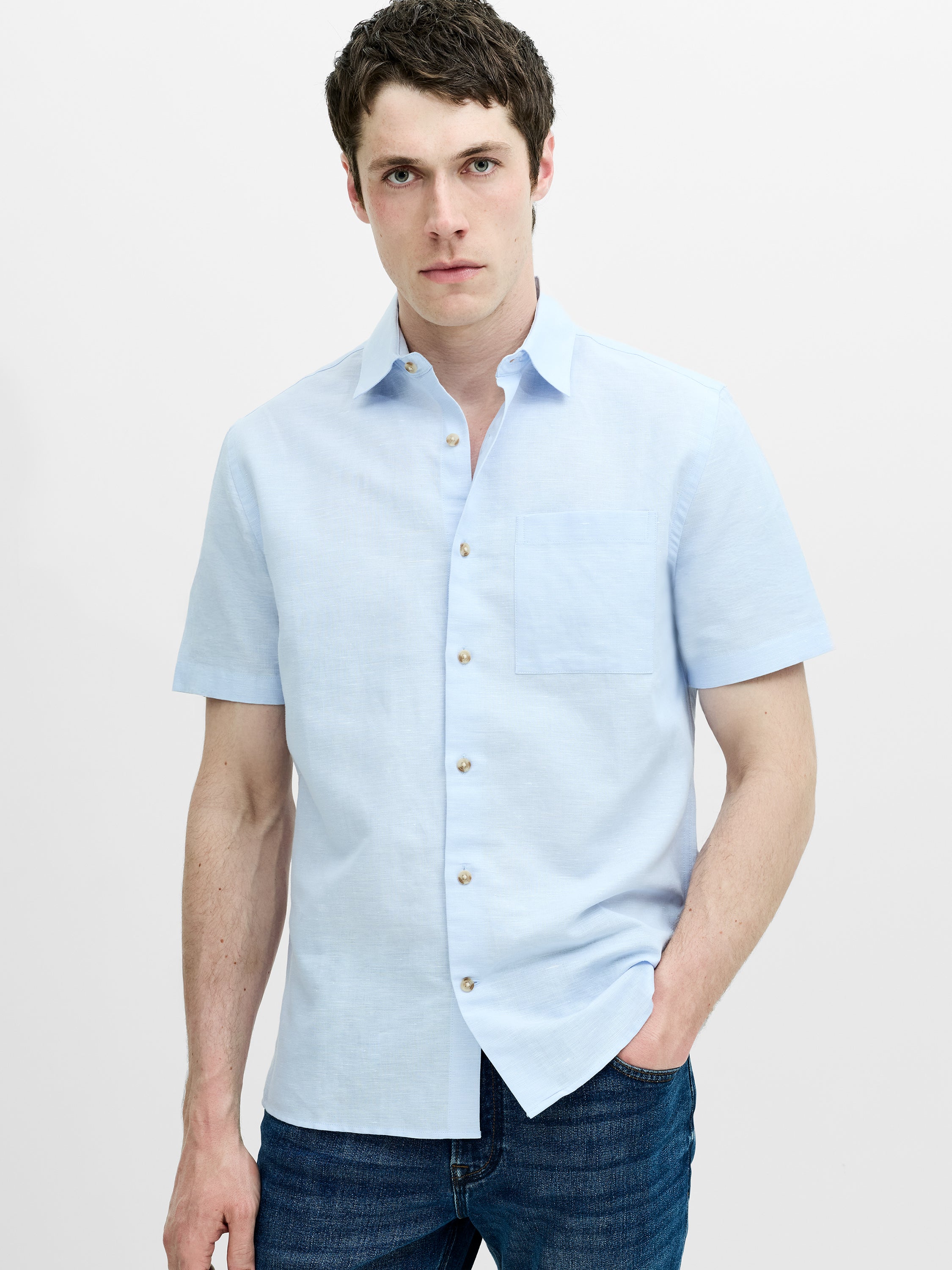 Short Sleeve Light Blue Linen Blend Shirt