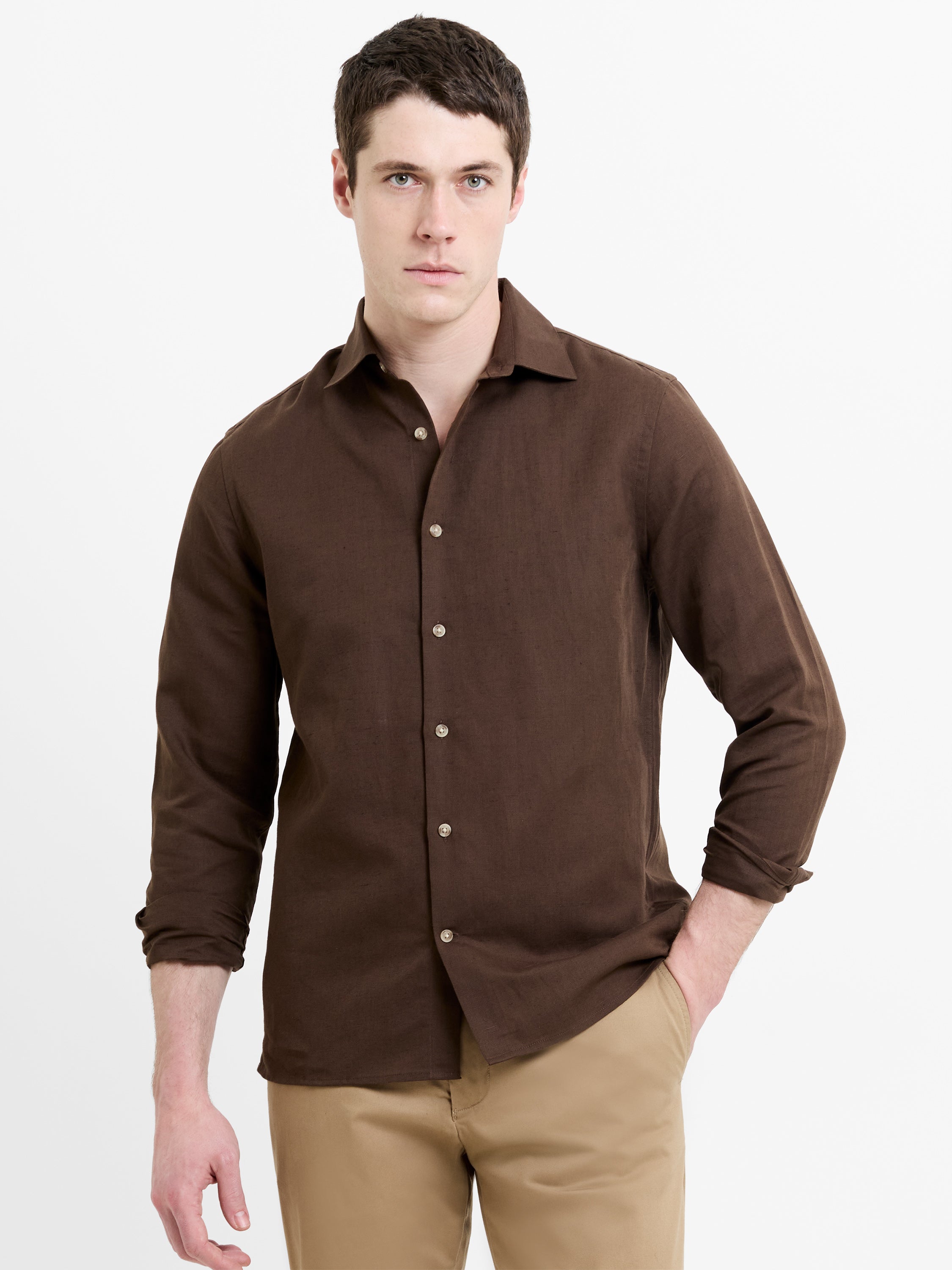 Linen Blend Long Sleeve Shirt Chocolate Brown | French Connection UK