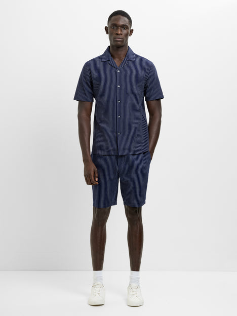 Short Sleeve Twill Navy Blue Striped Shirt