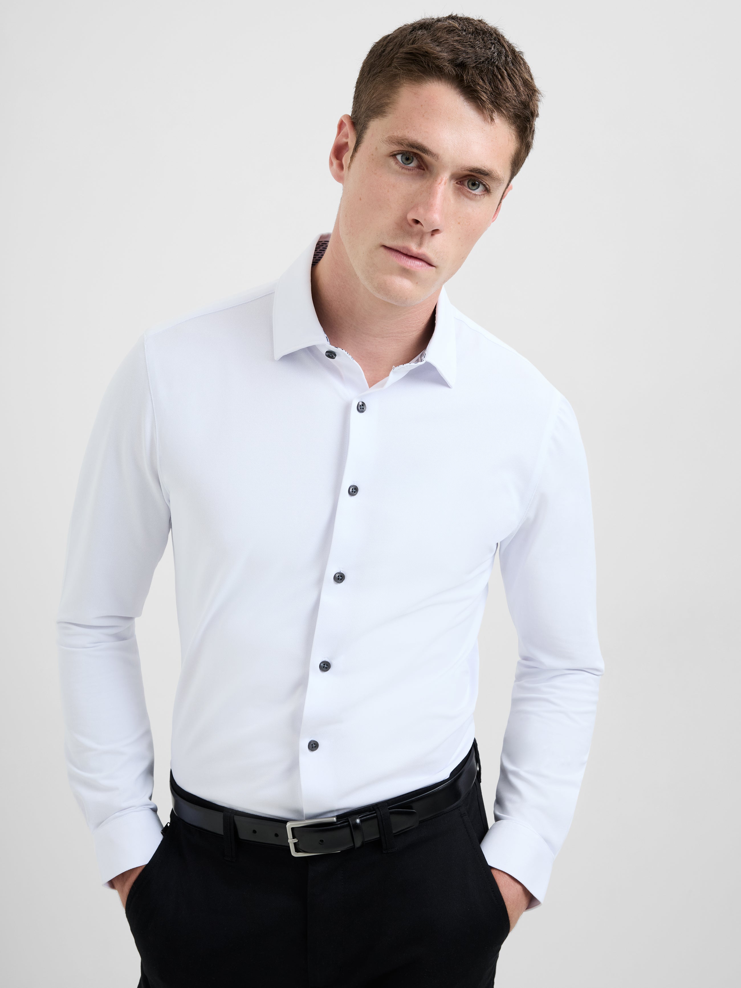 Slim Fit Contrast Detail Long Sleeve Shirt White French
