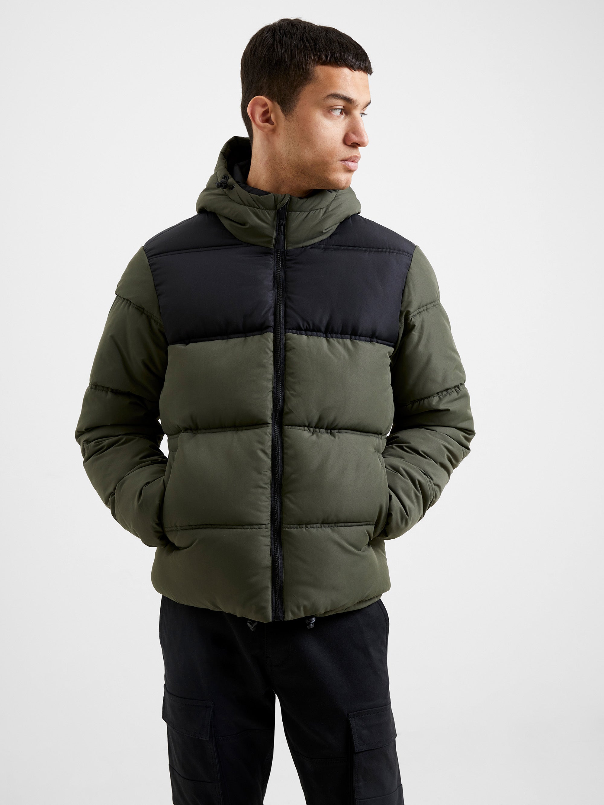 Padded Panel Hooded Mid Length Coat Black/Khaki | French Connection UK