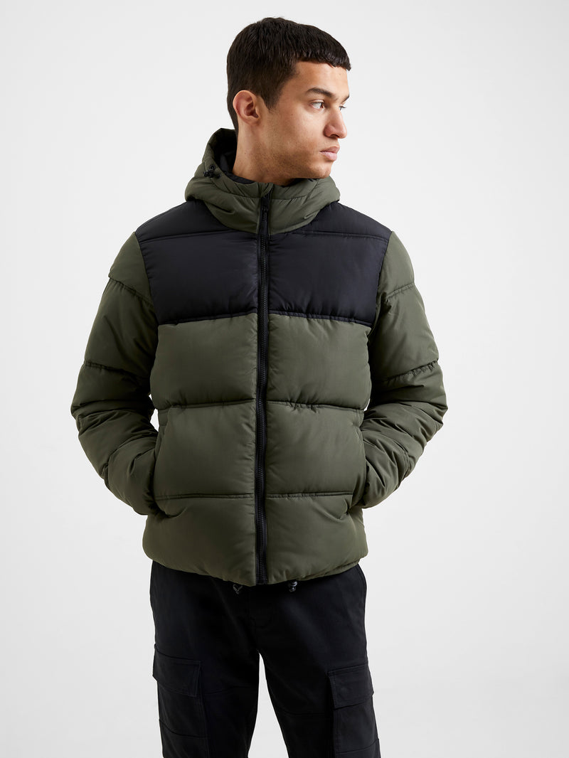 Padded Panel Hooded Mid Length Coat Black/Khaki | French Connection UK