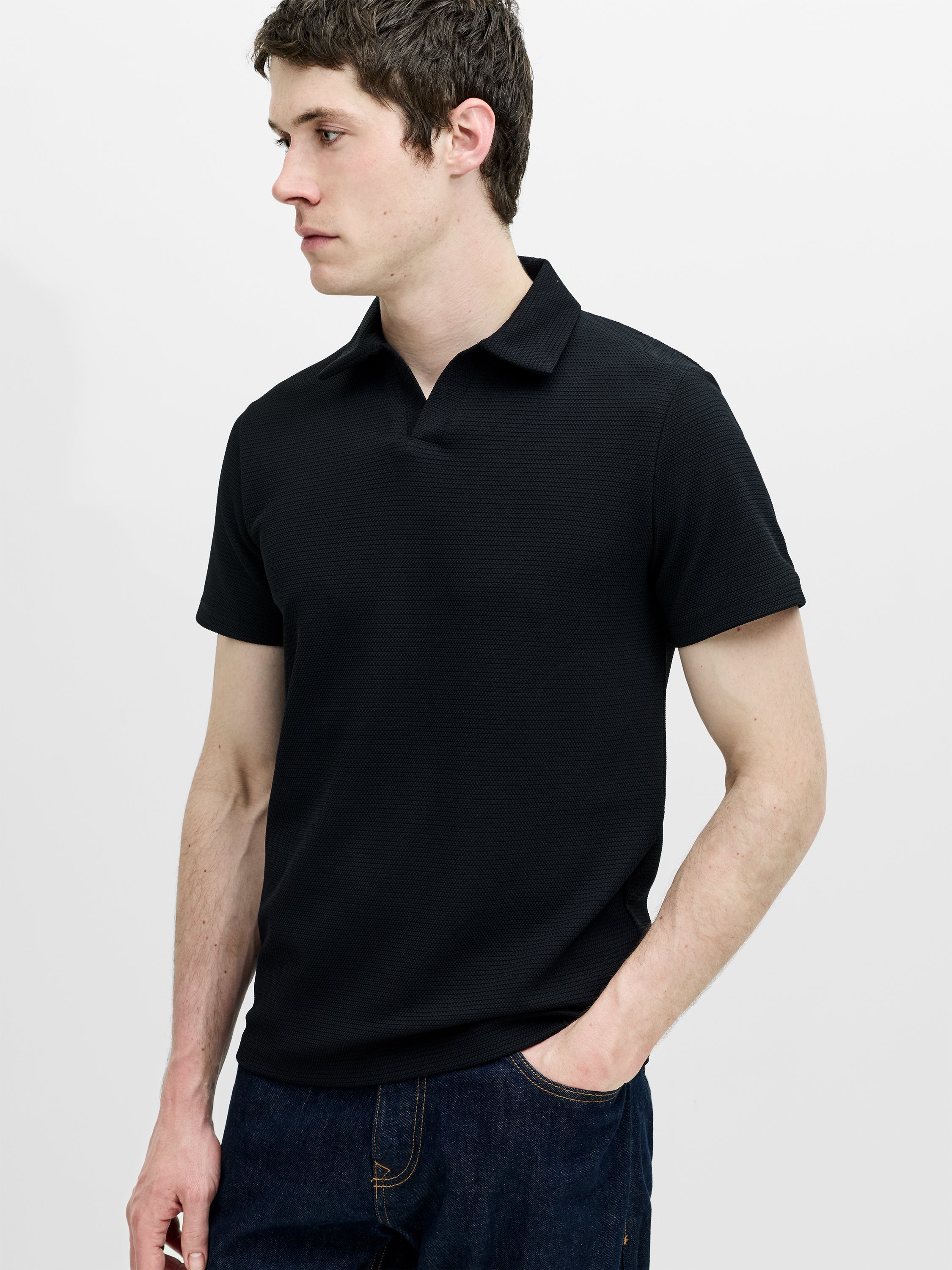 Short Sleeve Pointelle Knit Black Polo Shirt