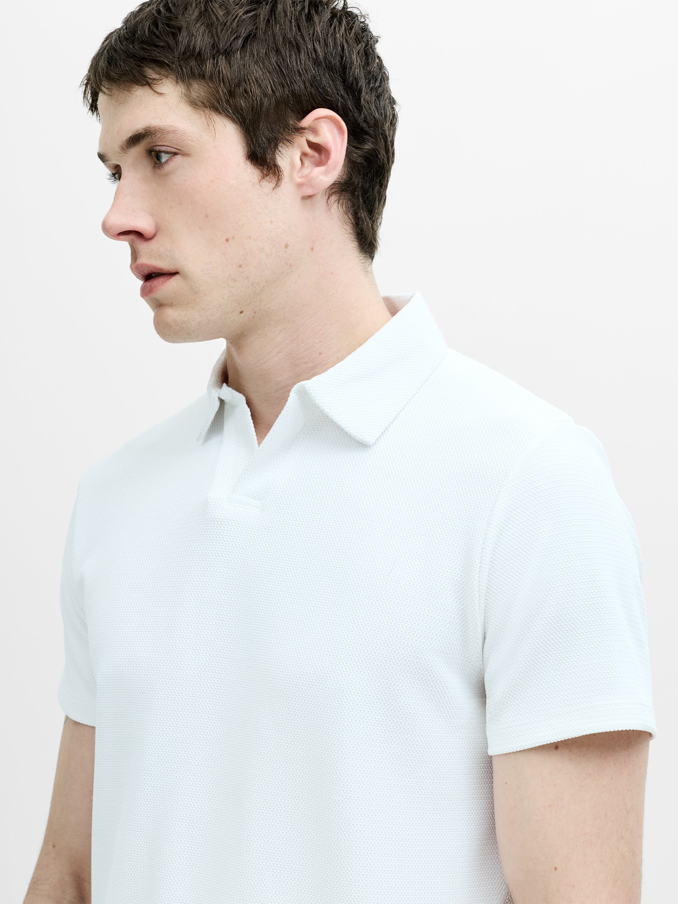 Short Sleeve Pointelle Knit White Polo Shirt