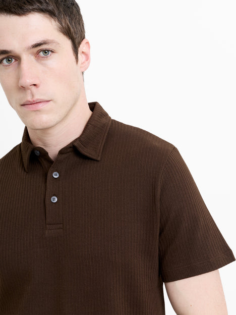 Short Sleeve Brown Vertical Textured Stripe Polo Shirt