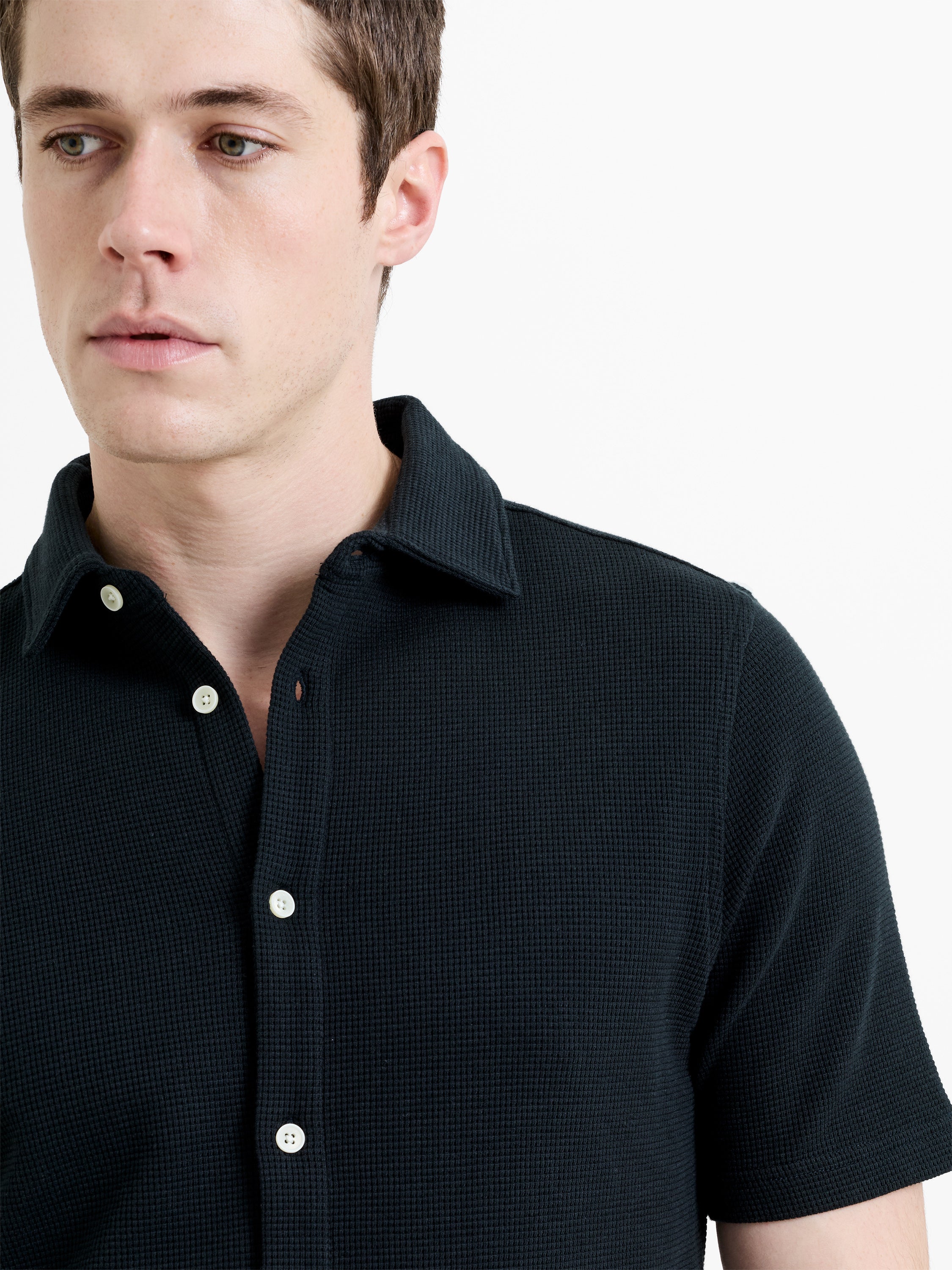 Short Sleeve Textured Button-Through Navy Shirt