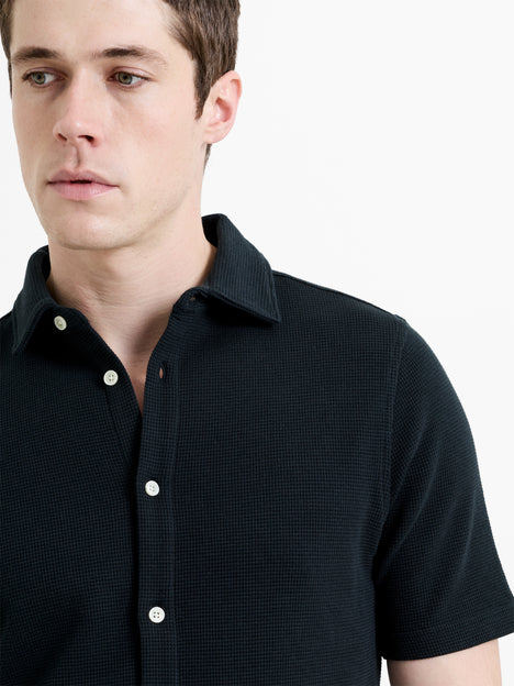 Short Sleeve Textured Button-Through Navy Shirt